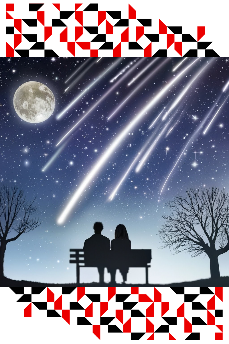 Two people sitting on a bench at night looking up at a full moon