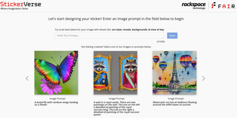 StickerVerse home page with the prompt box with three examples