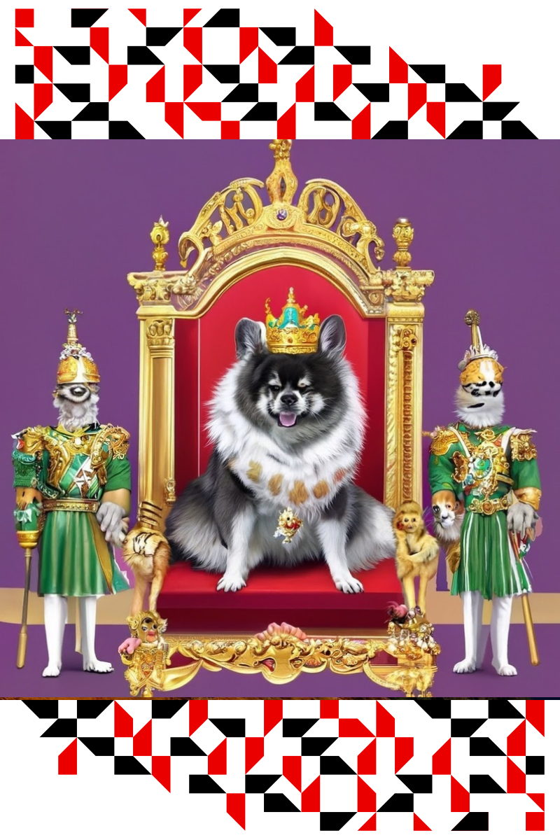 a dog wearing a crown sitting on a throne