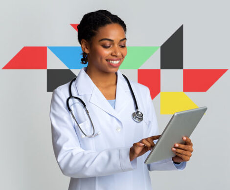 a medical professional on an ipad